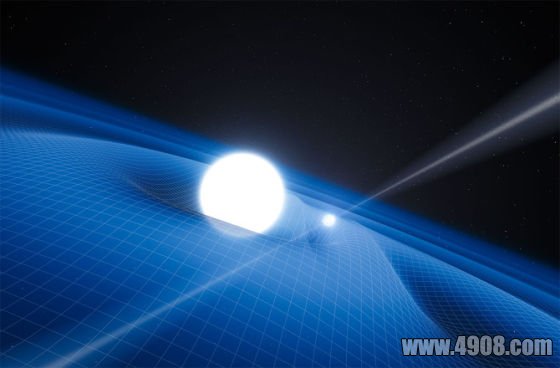 艺术示意图：脉冲星PSR J0348+0432和它的伴星——一颗白矮星，它们强大的引力场造成时空弯曲